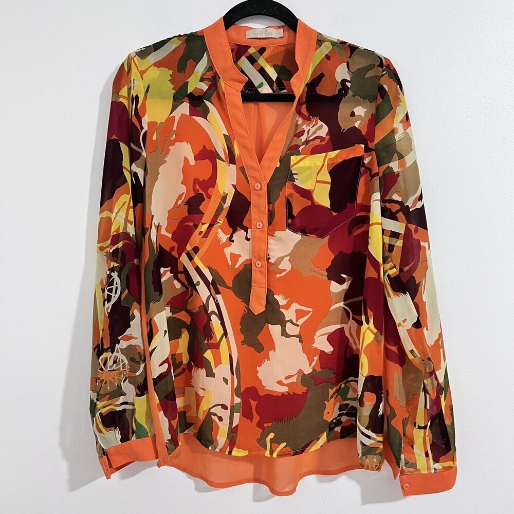 Fun 2 Fun‎ Orange Sheer Top Size L Rolled Tap Long Sleeve Artsy Printed Business